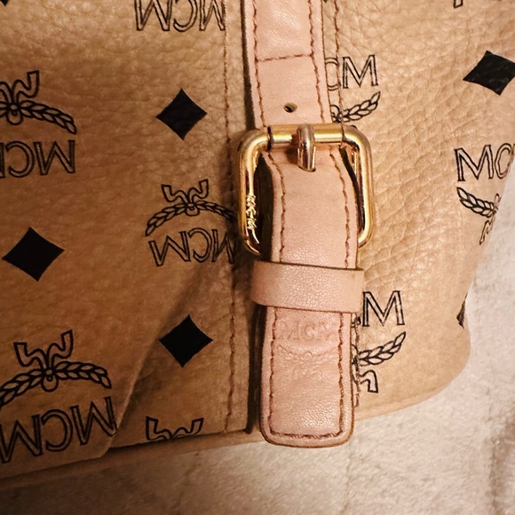 MCM Tan Logo Canvas Tote with Gold Plaque - Picture 12 of 14